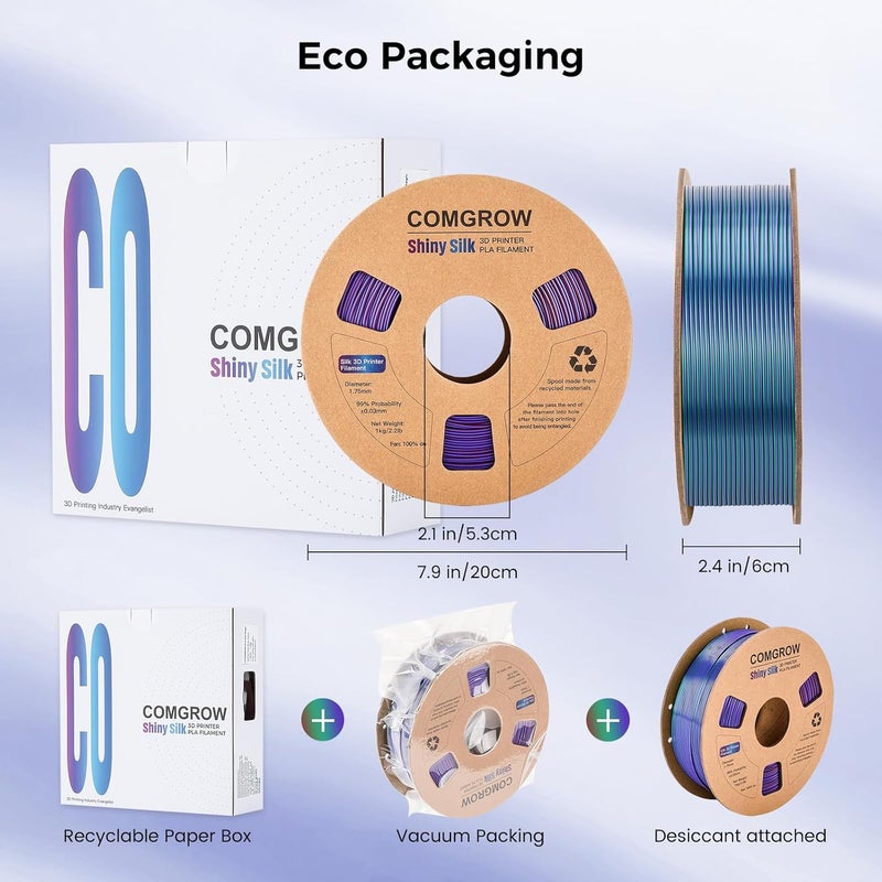 Comgrow Tri-Colors Silk PLA 3D Printer Filament, Rainbow PLA Filament 1.75mm, Dimensional Accuracy +/- 0.02 mm, 1KG Spool, Coextrusion 3D Filament with Shiny Silk Copper-Green-Purple - Image 4